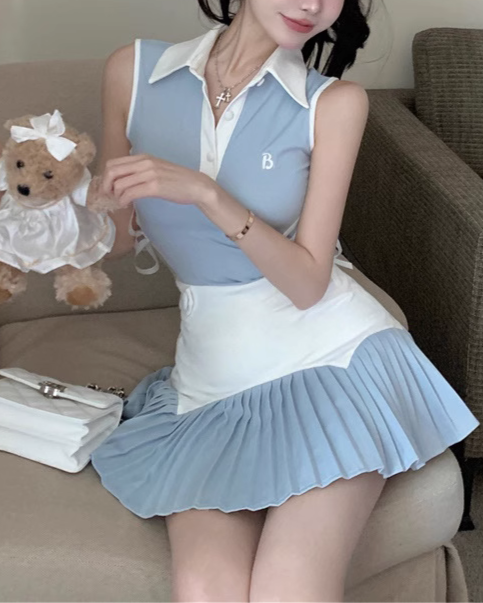 サイドリボン配色プリーツセットアップ