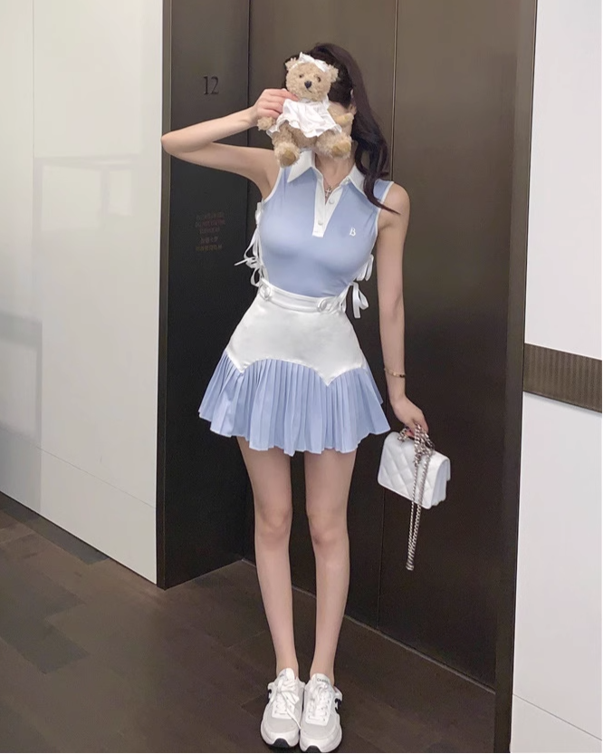 サイドリボン配色プリーツセットアップ