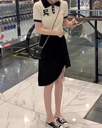 バイカラーニットポロトップス