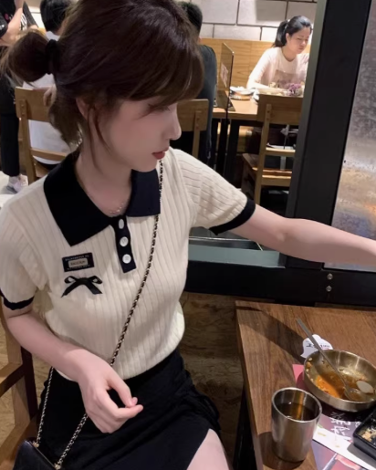 バイカラーニットポロトップス