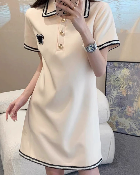 配色襟パールボタンAラインワンピース