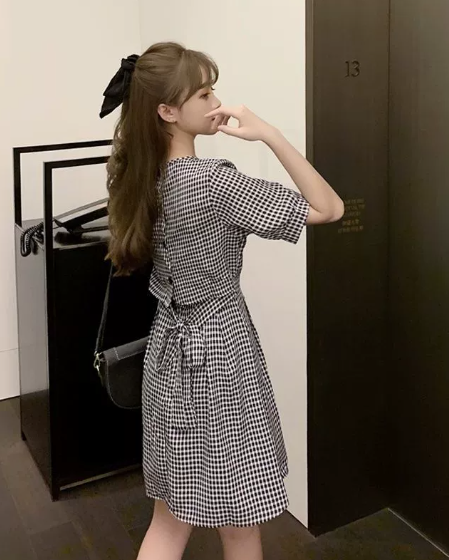 バックリボンギンガムチェックワンピース