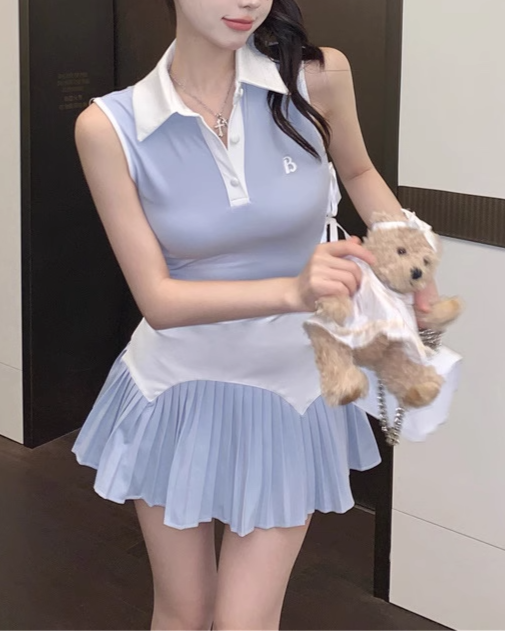サイドリボン配色プリーツセットアップ
