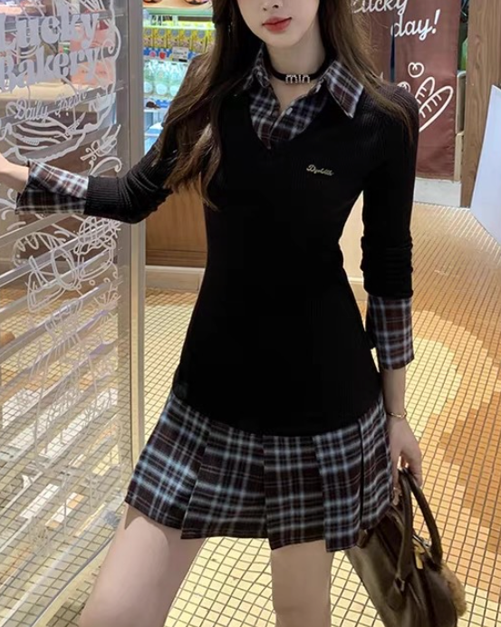 チェックシャツニットワンピース