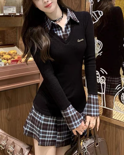 チェックシャツニットワンピース