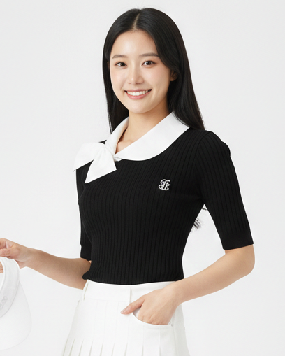 バイカラーリブニットトップス